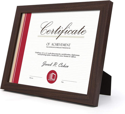 Frametory, 8.5 X 11 Certificate Frame with Back Hangers for Wall Display, Easel Stand Picture Frame for Diploma, Documents, Awards, Wide Molding (Walnut, 2-Pack)