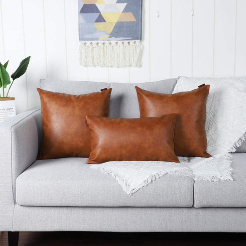 MANDIOO Set of 2 Faux Leather Decorative Throw Pillow Covers Modern Solid Outdoor Cushion Cases Luxury Pillowcases for Couch Sofa Bed 12x12 Inches Brown