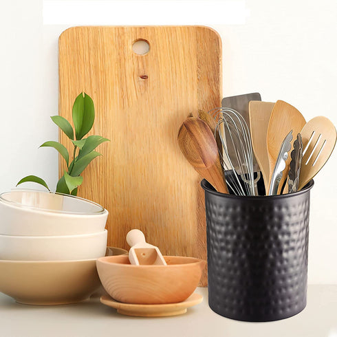 Monarch Abode Hand Hammered Kitchen Utensil Holder Crock, Large, Black