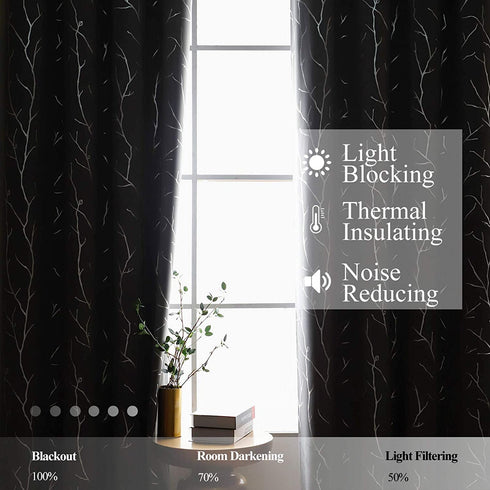 BUHUA Light Grey Blackout Bedroom Curtains,Black Out cCurtains 63 Inch Long 2 Panels,Window Curtains Panels,Thermal Insulated Windproof Elegant Tree Branches Silver Print Drapes 38W x 63L