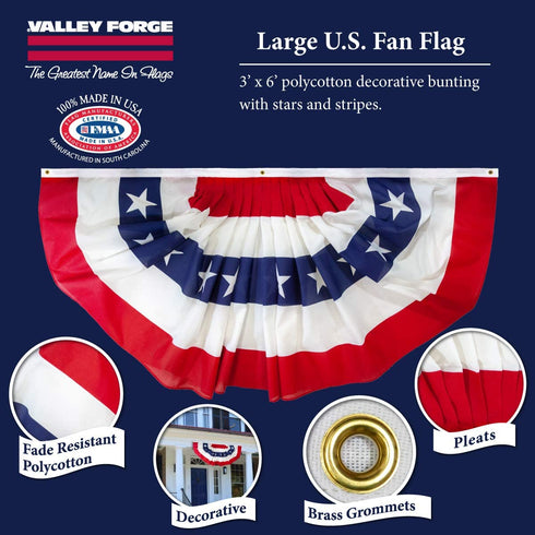 Valley Forge American Fan Flag 3' x 6' Polycotton Sentinel 100% Made In U.S.A. Stars and Stripes Bunting Canvas Header Brass Grommets Model 36636010-5-S,Multi color