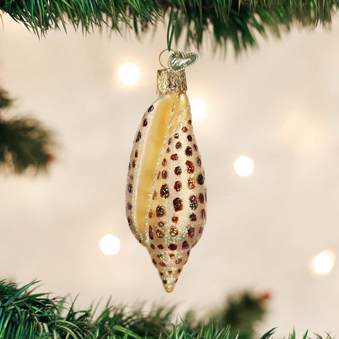 Old World Christmas Beach Glass Blown Ornaments for Christmas Tree Junonia Shell, Tan/Brown/White/Gold
