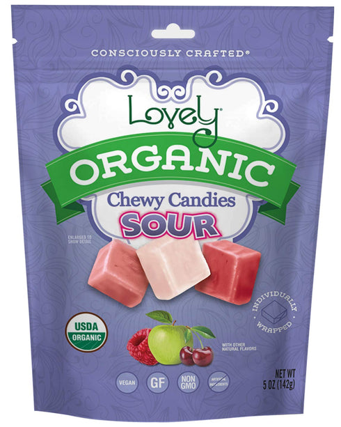 ORGANIC Sour Chewy Candies - Lovely Candy Co. 5oz Bag - Raspberry, Apple & Cherry Sour Candy Flavors | NO HFCS, GLUTEN or Fake Ingredients, 100% VEGAN!