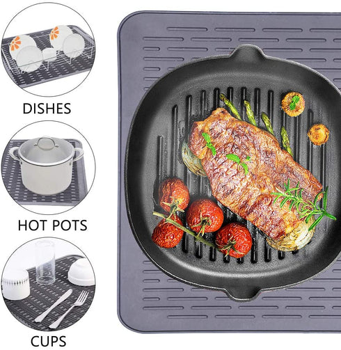 Piduules Eco-friendly Silicone Dish Drying Mat 18" x 15.8" Large Reusable Non-slipping and Heat Resistant Dish Quick Drying Pad, Dishwasher Safe (Gray XL)