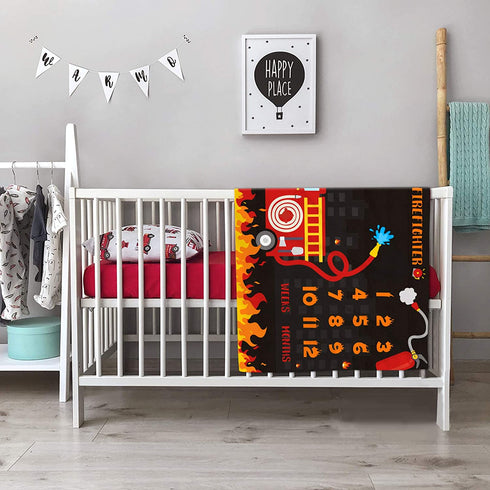 Fire Truck Baby Milestone Blanket for Boy Little Firefighter Monthly Growth Tracker Soft Plush Fleece Nursery Blanket Newborn Baby Boy Bedding Photography Background