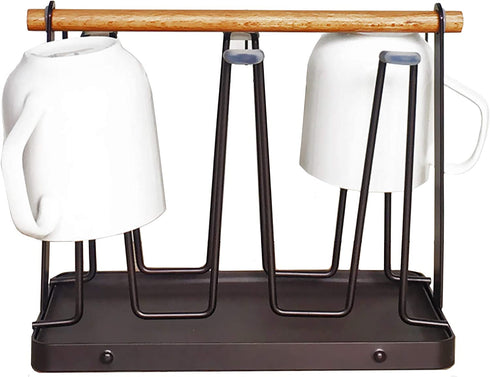 BYFU Cup Drying Rack Stand with Drain Tray, Metal Bottle Drying Organizer with Wood Handle for 6 Cups or Mugs