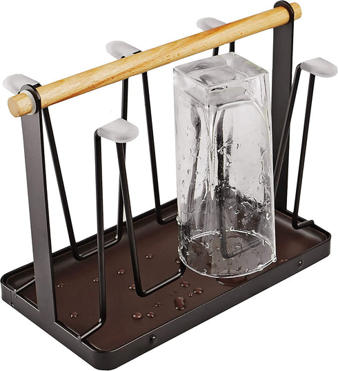 BYFU Cup Drying Rack Stand with Drain Tray, Metal Bottle Drying Organizer with Wood Handle for 6 Cups or Mugs
