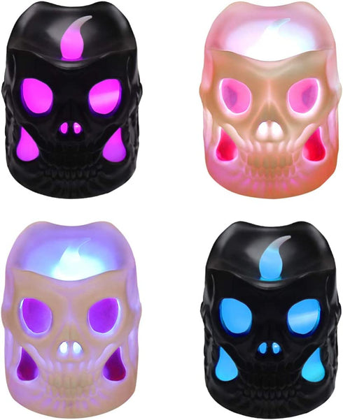 OSALADI 4 Packs Skeleton Candle Lights Halloween Flickering Candles with Skull Battery Operated Candle Lights for Halloween Party Festival Room Bar Hotel Decor