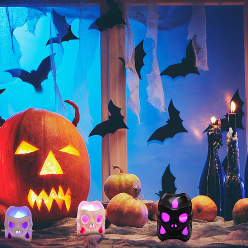 OSALADI 4 Packs Skeleton Candle Lights Halloween Flickering Candles with Skull Battery Operated Candle Lights for Halloween Party Festival Room Bar Hotel Decor