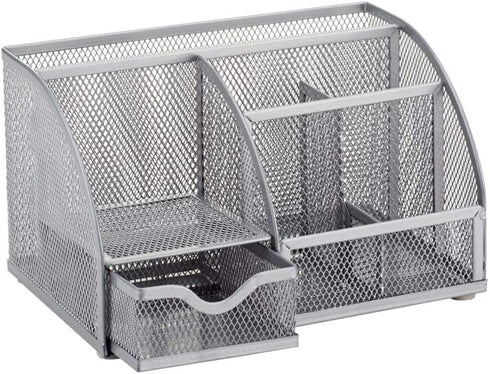 Annova Mesh Desk Organizer Office with 7 Compartments + Drawer/Desk Tidy Candy/Pen Holder/Multifunctional Organizer - Silver - Grey