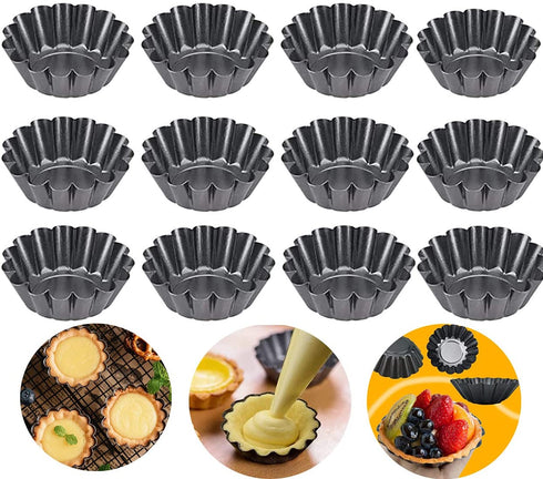 WITAIR 12 Pack Egg Tart Molds, Mini Tart Pans Muffin Cake Mold Resuable NonstickTiny Pie Tartlets Dessert Mold Pans for Pies, Cheese Cakes, Desserts, Quiche Bakeware (Black)