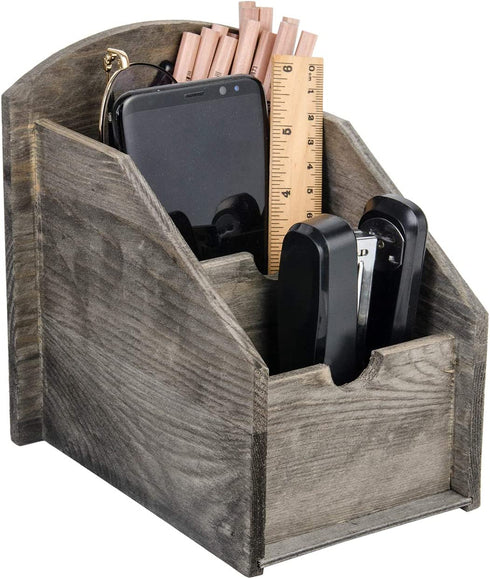VERGOODR 3 Slot Rustic Wooden Remote Control Frame Media Organizer, Office Supply Storage Rack,Pen Storage Box (Rock Grey)