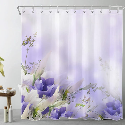 LB Pastel Flower Bouquet Ombre Background Shower Curtain Purple Floral Restroom Bathroom Curtains Hooks Durable Waterproof Fabric Curtain Set, 70 x 70 Inches