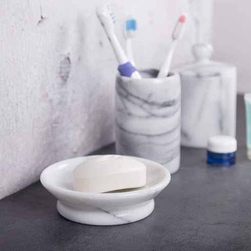 Creative Home Genuine Natural Marble Round Bar Soap Dish Soap Tray Holder Countertop Organizer, 5" Diam. x 1.5" H, Off-White