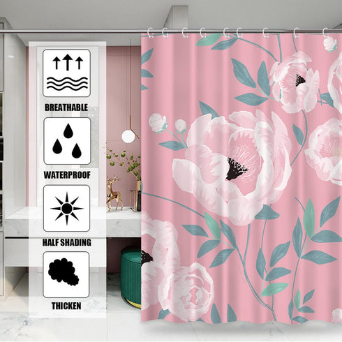 Pink Flower Plant Shower Curtain Green Leaves Minimalist Aesthetic Floral Bath Curtain Modern Cute Waterproof Fabric Bathroom Decor Curtains 72x72 Inches