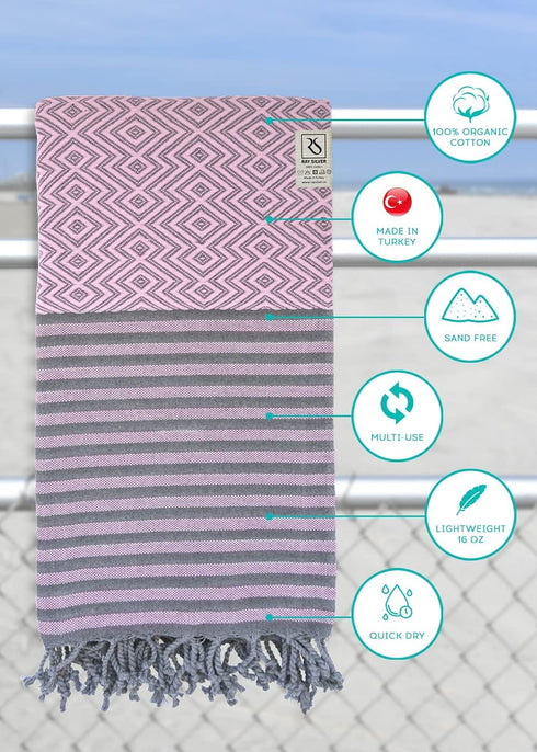 Ray Silver Premium Turkish Beach Towel 100% Cotton-Quick Dry Turkish Bath Towel 71?x40?(100x180 cm)-Prewashed Peshtemal Blanket-Thin Light Weight Travel SPA Pool Bath Beach Gym Pool (Light Pink/Grey)