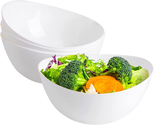 Honla 48 oz Large Salad Bowls,Set of 4 Big Plastic Bowls for Cereal,Pasta,Popcorn,Snacks,Serving Side Dishes,Dinner Parties,Oval Shape,White