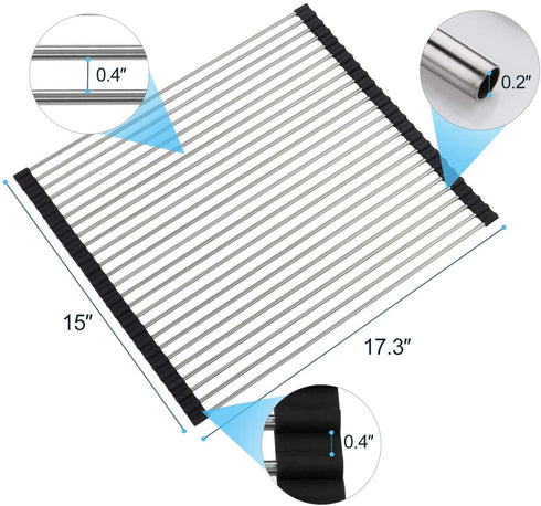 SunCleanse 17.8L—15W Roll Up Dish Drying Rack, Large Over Sink Dish Drying Rack Drainer, Multi-Use Stainless Steel Foldable Dish Rack for Kitchen Sink Countertop, Black
