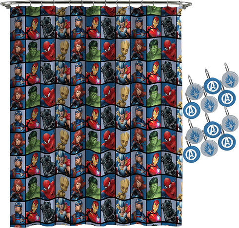 Jay Franco Marvel Avengers Team Shower Curtain & 12-Piece Hook Set & Easy Use (Official Marvel Product)