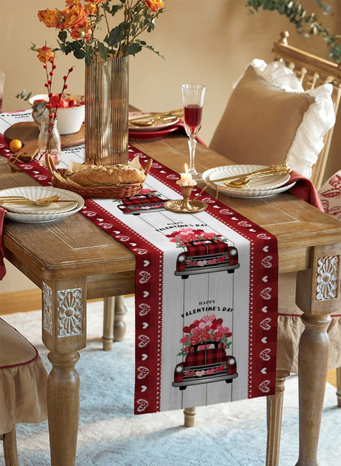 Rose Truck Valentines Day 108 Inches Long Table Runner for Dining Room, Rustic Wood Heart Cotton Linen Tablecloth Runners, Farmhouse Table Setting Decor for Wedding Party Holiday, Machine Washable.