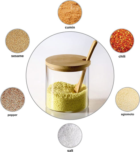2 Sets 300ML/10Oz Clear Glass Jar with Bamboo Lid and Wooden Spoon, Cute Sugar Bowl Bath Salt Storage Canister Seasoning Container Condiment Pot with Scoop for Spice, Pepper for Kitchen, Countertop