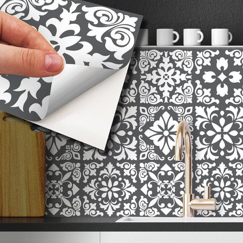 WALPLUS 24pcs 6" Peel and Stick Vinyl Backsplash Tiles Stickers Tile Paint Removable Waterproof Self-Adhesive Decals Vinyl Home Kitchen Bathroom Spring Easter Decoration (Dark Grey Spanish Renaissance)