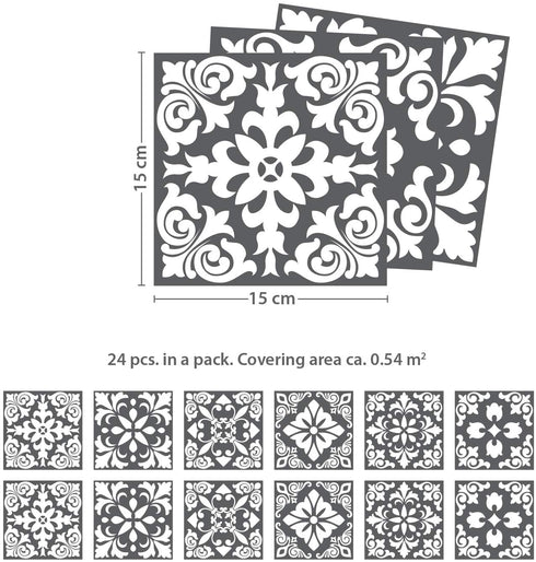 WALPLUS 24pcs 6" Peel and Stick Vinyl Backsplash Tiles Stickers Tile Paint Removable Waterproof Self-Adhesive Decals Vinyl Home Kitchen Bathroom Spring Easter Decoration (Dark Grey Spanish Renaissance)