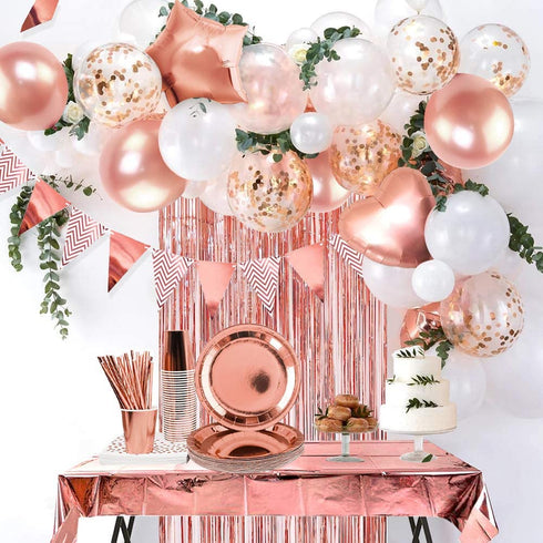 MOVINPE Rose Gold Party Supplies Decorations for 16 Guests Tableware Bunting Curtain Tablecloth Plates Napkins Cups Straws Balloon for Girl Women Birthday Wedding Hen Party Anniversary