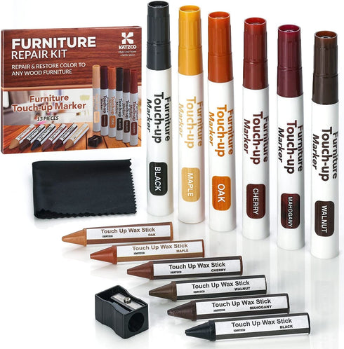 Katzco Wood Furniture Repair Kit Wood Markers For Scratches - Set of 13 - Markers and Wax Sticks with Sharpener - Wood Floor Scratch Remover Cover-Up for Tables, Desks