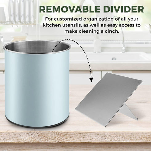 Bartnelli Extra Large Stainless Steel Kitchen Utensil Holder - 360° Rotating Utensil Caddy - Weighted Base for Stability - Utensil Countertop Organizer Crock With Removable Divider for Easy Cleaning (Blue Velvet)