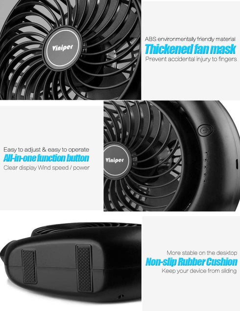 viniper Battery Operated Fan, Small Desk Fan : 3 Speeds & 8-24 Hours Longer Working, 180° Rotation, Optimised Portable USB Rechargeable Fan , Small but Mighty, for Home/Office (6.2 inch, Black)