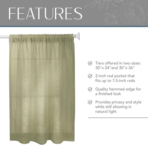 Elrene Home Fashions Cameron Linen Tier Curtains, 30" W x 24" L Each (Set of 2 Tiers), Sage Green