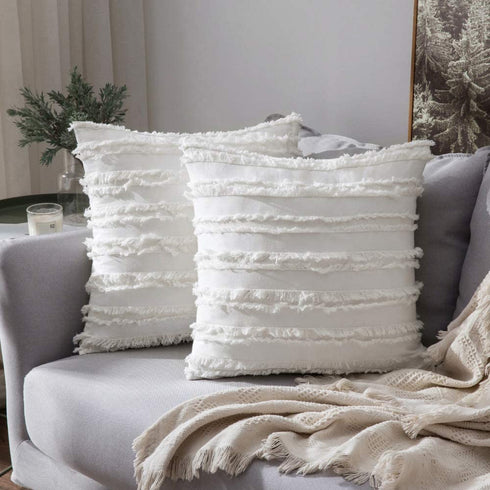 MIULEE Set of 2 Decorative Boho Throw Pillow Covers Linen Striped Jacquard Pattern Cushion Covers for Sofa Couch Living Room Bedroom 20x20 Inch Ivory White