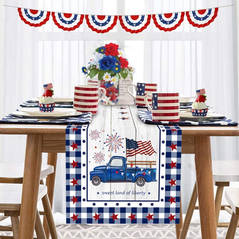 Independence Day Table Runner 70 Inch Dresser Scarves 4th of July Memorial Day Truck USA Flag Non-Slip Burlap Dinner Runner Decor for Tables Stars Check Plaid Buffalo Wood Grain