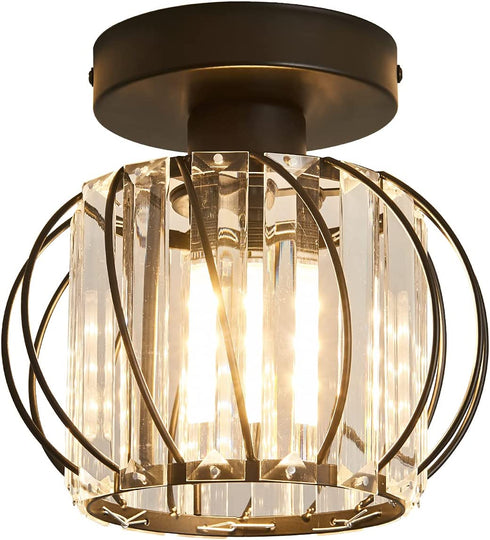 MHUYEIN Semi Flush Mount Ceiling Light Fixture, Crystal Chandelier, Retro Industrial Light for Kitchen Cafe Bar Bedroom Living Room Passway Hallway (Black)