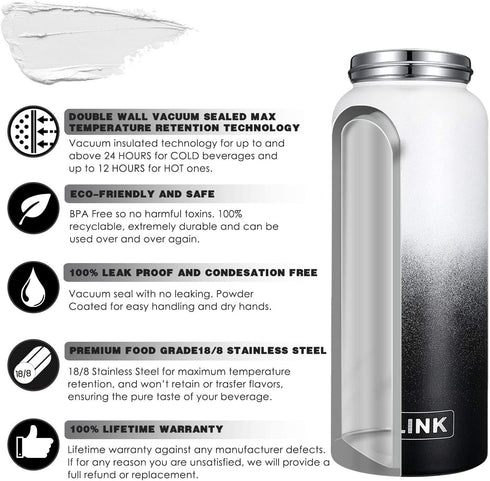 Glink Stainless Steel Water Bottle with Straw, 12-64 oz Wide Mouth Double Wall Vacuum Insulated Water Bottle Leakproof, Straw Lid and Spout Lid with New Rotating Rubber Handle