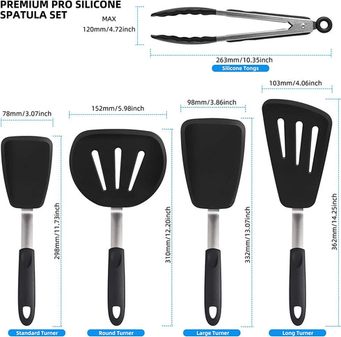 CGSGDK Silicone Flexible Turner Spatula Set, 5-Piece Heat Resistant Flexible Rubber Spatulas,Silicone Cooking Utensil Set,Non Stick Rubber Kitchen Utensils for Cooking Fish, Steak,Eggs, Pancakes