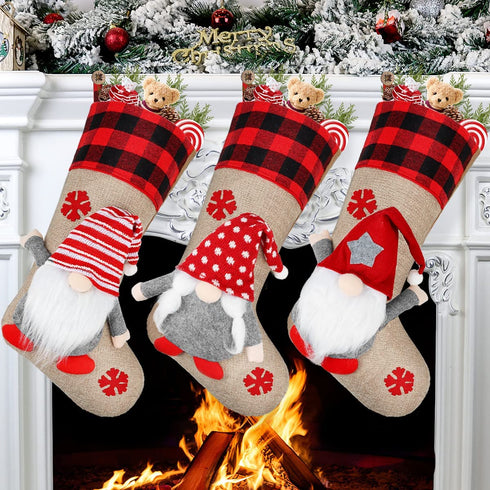 Aiduy Christmas Stockings 18" Large Size Plush Swedish Gnome Santa 3 Pieces 3D Stylish Christmas Decorations, Classic Home & Party Accessory Hanging Gift Candy Bags for Family Holiday