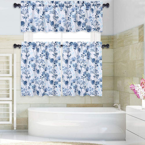 Haperlare Blue Leaf Flower Printed Valance Curtains for Kitchen Cafe Curtains, Floral Print Bathroom Window Curtains, Multi Color Window Treatment, 54" x 15", Navy Blue/Light Blue