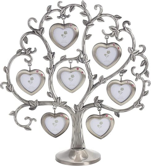 LASODY Antique Silver Family Tree With 7 Hanging Picture Frames,Metal Table Top Photo Frame Decoration