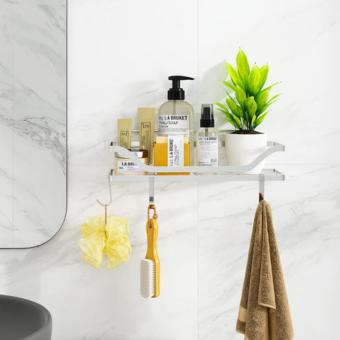 FANHAO Shower Caddy Adhesive with Hooks, Rustproof SUS304 Stainless Steel Bathroom Shelf Storage Organizer for Shampoo Conditioner, Kitchen Shelf Rack No Drilling Wall Mounted