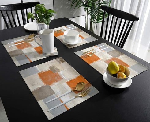 Bingigo Orange Placemats Set of 4 for Dining Table Cotton Linen Heat Insulating Kitchen Table Mats Durable Washable Burnt Orange Brawn Gray Paint Art Garffiti Placemats for Farmhouse Kitchen Table