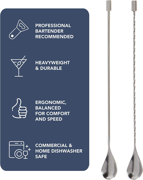 Heavyweight Bar Spoons - Set of two. (One Spiral & one Smooth Handle) Professional Quality Barspoons