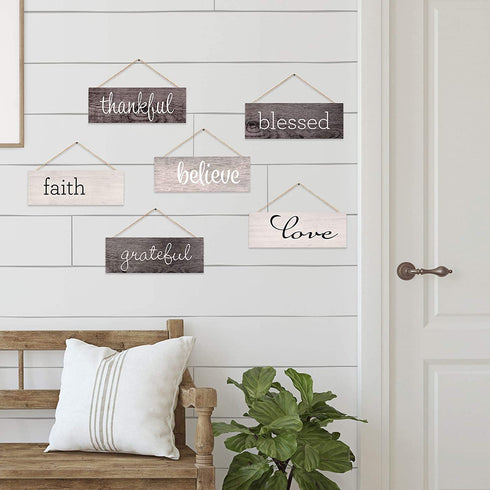 EXCELLO GLOBAL PRODUCTS Hanging Home Decor Sign with Sawtooth Hook and Jute Hanging Rope (Grateful, Love, Believe, Thankful, Faith, Blessed)