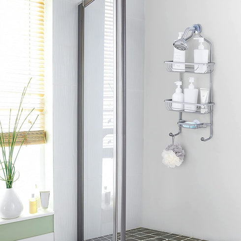Hanging Shower Caddy, Maxdoux Bathroom Storage Rack Over Shower Head Aluminum 100% Anti-Rust Shower Organizer With Basket for Soap and 2 Hooks, Extra Wide Shower Storage for Shampoo, Conditioner, Gray
