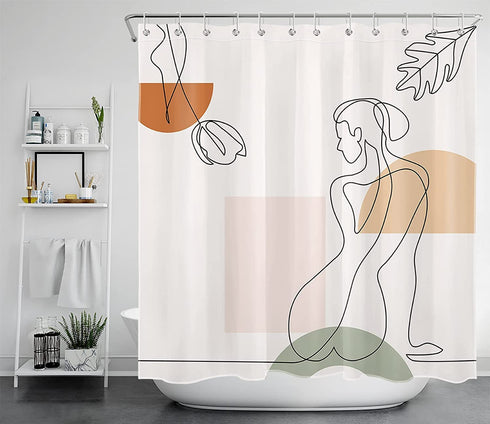 HVEST Boho Mid Century Shower Curtain for Bathroom Decor, Shapes Line Abstract Girl Shower Curtain with Hooks Modern Minimalist Art Aesthetics Polyester Waterproof Fabric Bath Accessories, 72X72Inches