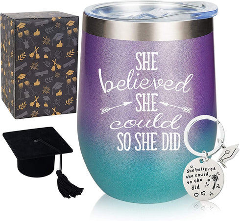 She Believed She Could So She Did, 12 oz Stainless Steel Stemless Wine Tumbler with Keychain, Congratulations, 2022 Graduation, Promotion, Going Away, Job Change, Congrats Gift (Glitter Gradation)