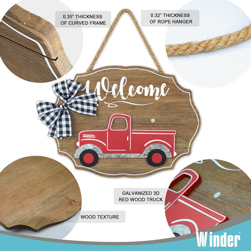 Winder Truck Welcome Sign for Front Door Red Truck Decor with 6-PC Interchangeable Seasonal Icons Farmhouse Wooden Wall Hanging for Birthday Halloween Christmas Holiday Hanger Decorations(Natural Red Truck)