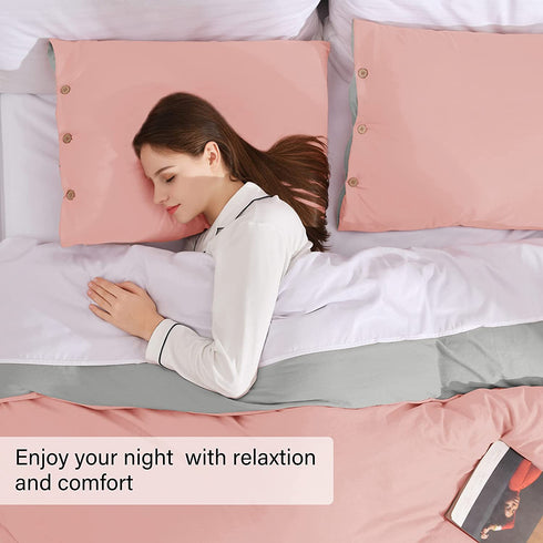 Basic Beyond Duvet Cover Queen Size, Washed Microfiber Coral Pink/Grey Duvet Cover Set with Coconut Button Closure - 3 Pieces (1 Duvet Cover & 2 Pillowcases)