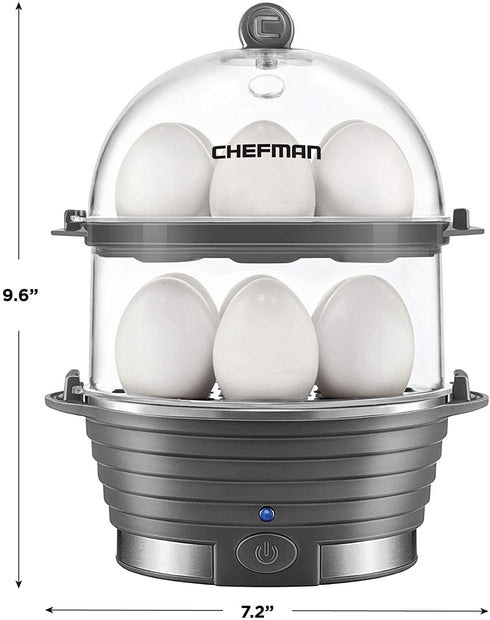 Chefman Electric Egg Cooker Boiler, Rapid Egg-Maker & Poacher, Food & Vegetable Steamer, Quickly Makes 12 Eggs, Hard or Soft Boiled, Poaching and Omelet Trays Included, Ready Signal, BPA-Free, Grey
